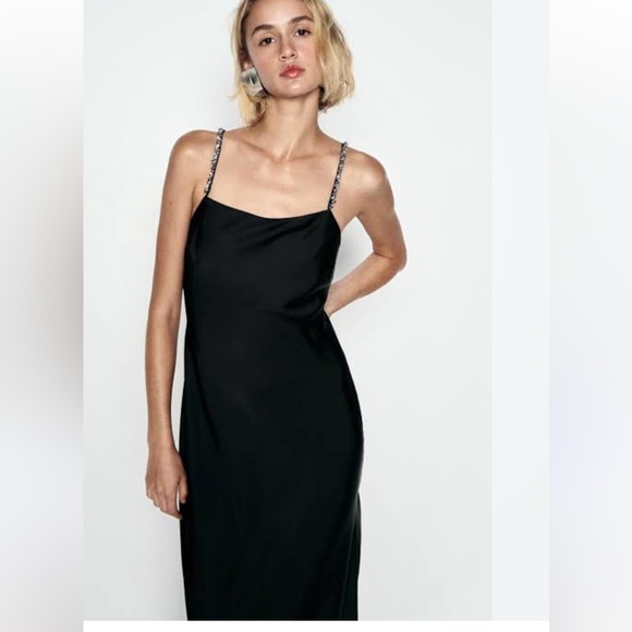 Elegant NWT Zara Satin Slip Black Midi Dress with Beaded Shoulder Straps Size S - Picture 3 of 15